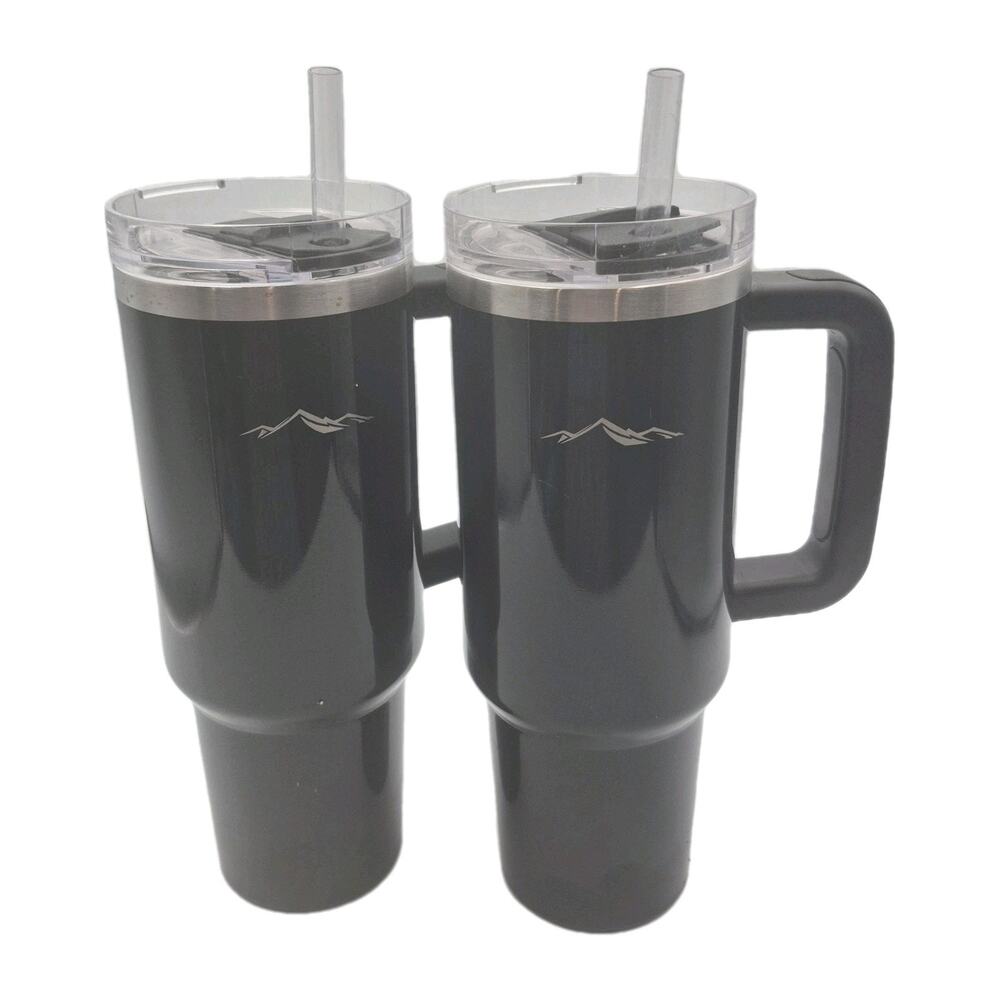 Two 40oz Black Insulated Stainless Steel Tumblers Straw Screw-on Lid Handle